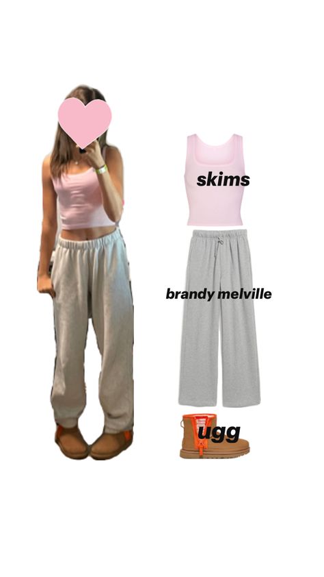 pink tank top sweat pants and uggs Pink Tank, Sweat Pants, Pink Tank Top, Winter Outfit, Brandy Melville, Winter Outfits, Sweatpants, Tank Top, Tank Tops