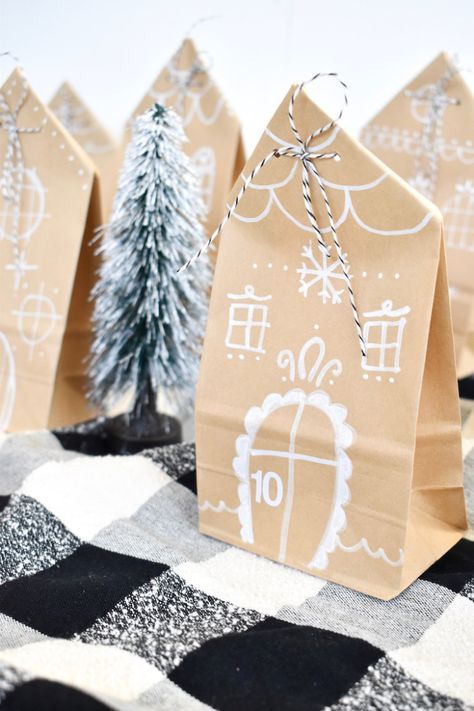 Make This DIY Gingerbread House Advent Calendar With Brown Paper Bags | j. sorelle Gingerbread House Paper Bag, Gingerbread House Paper, Paper Bag Wrapping, Ginger Bread House Diy, Best Friend Christmas Gifts, Paper Bag Gift Wrapping, Paper Bag Crafts, Gingerbread Diy