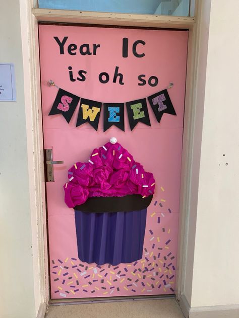 Cupcake Classroom Door, Sweet Treat Classroom Theme, Cupcake Door Decoration, Food Door Decorations Classroom, Sweet Shop Classroom Theme, Candy Classroom Door Ideas, Candy Door Decorations Classroom, Candyland Door Decorations For School, Superhero Classroom Door Decorations