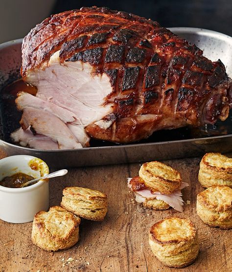 ham with chunk missing in metal dish; glaze in a small dish and biscuits in front Orange Marmalade Glazed Ham, Ham Glaze Recipe, Ina Garten Recipes, Ham Bone, Glazed Ham, Orange Marmalade, Ham Glaze, Lemon Vinaigrette, Barefoot Contessa