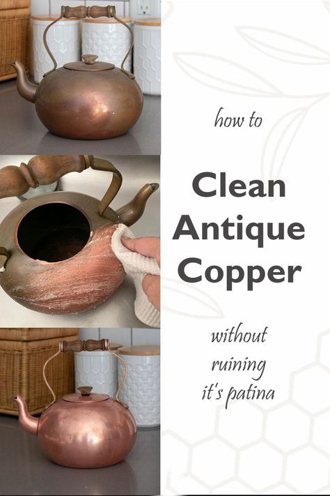 How To Clean Antique Copper, Bronze Cleaner Diy, How To Clean A Copper Kettle, How To Clean Copper Tea Kettle, Copper Polish Diy, Clean Copper Pots, Cleaning Copper Pots, Vintage Copper Decor, Cleaning Copper Pots Remove Tarnish