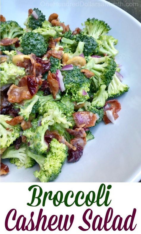 Broccoli Cashew Salad - One Hundred Dollars a Month Broccoli Cashew Salad, Chopped Broccoli Salad, Broccoli Cashew, Cashew Salad, Sweet Salad, Creamy Broccoli Salad, Chopped Broccoli, Broccoli Salad Bacon, Mushroom Casserole