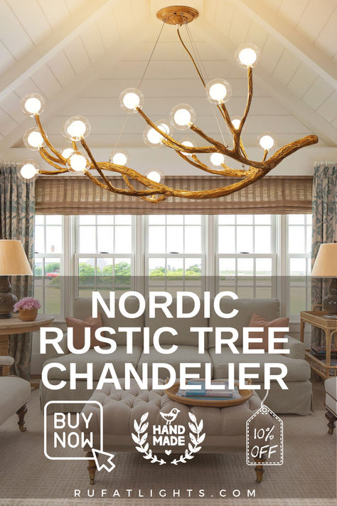 Nordic Rustic Tree Chandelier 🌳 Transform your home with a Cozy Nordic-style light fixture that will add a retro ambiance to any room. 💡Manually Crafted with quality materials Modern French Country Light Fixtures, Masculine Chandeliers, Vaulted Ceiling Living Room Lighting, Wireless Chandelier, Great Room Lighting, Chandelier Upgrade, Multiple Pendant Lights, Farmhouse Lighting Ideas, Farmhouse Lighting Fixtures