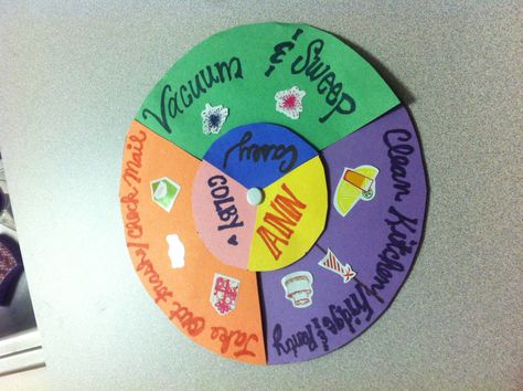 Chore Wheel for me and my roommates. Inside circle turns so chores change each week Chore Wheel For Roommates, Chore Wheel, Clean Pantry, Chore Board, First Apartment Essentials, Apartment Essentials, Quick Diy, Chores For Kids, Chore Chart