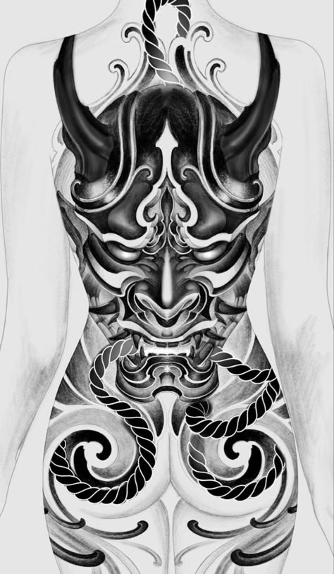 Henya Masks Tattoo, Hannya Back Tattoo, Japanese Traditional Back Tattoo, Japanese Style Back Tattoo, Huge Back Tattoo, Tattoo Oni, Japanese Back Tattoo, Geisha Tattoo Design, Backpiece Tattoo