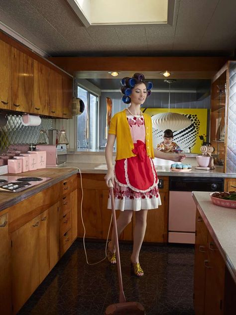 SuperStock Stock Photography, Rights Managed & Royalty Free Images 50s Housewife, Vintage Housewife, Retro Housewife, Domestic Goddess, Mid Century Kitchen, Roller Set, Hair Rollers, Style Kitchen, Shoot Inspiration