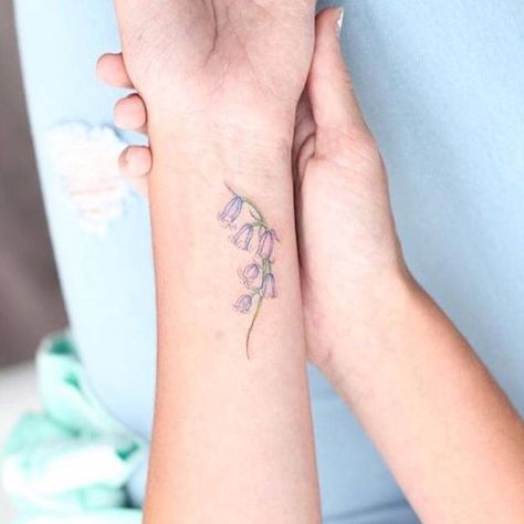 "Bluebell flower tattoo in memory of my grandmother", on Amber Sky's wrist. Tattoo Artist: Mini Lau Fine Line Bluebell Tattoo, Blue Bell Tattoo, Bluebells Drawing, Bell Flower Tattoo, Bluebell Drawing, Bluebells Flower Tattoo, Bluebell Tattoo, Community Tattoo, Daisy Tattoos