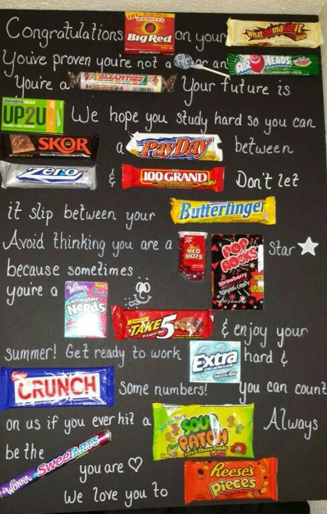 Candy bar graduation poster I made for Braden Candy Bar Poster, Thoughtful Cards, Graduation Boards, Hadiah Diy, Diy Graduation Gifts, Senior Graduation Party, Graduation Party High, Best Graduation Gifts, Candy Poster