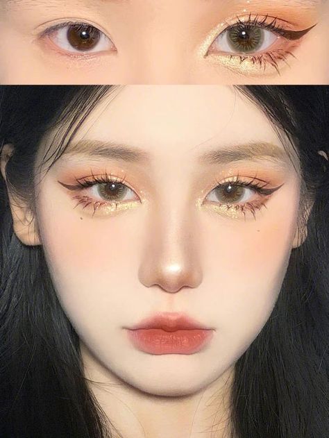 Korean Makeup For Small Eyes, Korean Yellow Makeup, Yellow Douyin Nails, Yellow Douyin Makeup, Douyin Makeup Monolid, Yellow Eye Makeup Looks, Korean Makeup Look Natural, Makeup Layout, Yellow Eye Makeup