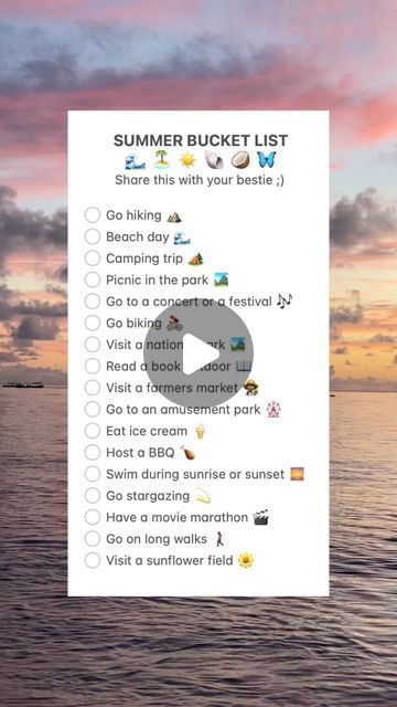 Krish — lifestyle | productivity | organization on Instagram: "Summer bucket list inspo!! What is on your summer bucket list?☀️💗

•

•

•

•

Summer bucket list, summer to do, what to do for summer, summer vacation, beach day, summer days, summer vibes, summer aesthetic, summer fun, summer diaries 

#summerbucketlist #summerdiary #summervibes #summervacation #beachday #summerdays #summertime #summertodolist #summeraesthetic #summerdiaries" What To Do For Summer, Productivity Organization, Summer To Do List, Vacation Days, Summer Bucket List, Movie Marathon, Picnic In The Park, Go Hiking, Summer Bucket Lists