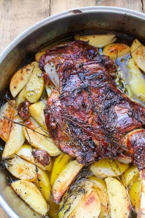 My Little Expat Kitchen: Greek slow-roasted lamb shoulder with potatoes and herbs Lamb Receipts, Easter Roast Recipes, Lamb And Orzo, Slow Cooked Greek Lamb, Easter Roast, Lamb And Potatoes, Greek Lamb Recipes, Europe Recipes, Slow Roasted Lamb Shoulder