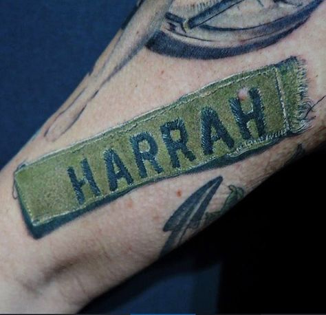 Green Ink 3d Army Name Patch Tattoo On Mans Wrist Military Tattoos For Men, Army Tattoos For Men, Us Army Tattoos, Army Wife Tattoos, Igy6 Tattoo, Usmc Tattoos, Zen Tattoo, Army Decor, Army Tattoos