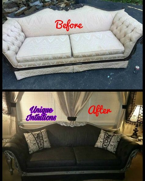 I painted the fabric with chalk paint and redid all the wood work on the sofa to a silver metallic that I then antiqued with glaze and sealed. #gothic #gothicfurniture #diy #giy #gothicdecor #decor #goth #reupholster #antique #victorian Goth Farmhouse Decor, Goth Couch, Diy Gothic Decor Crafts, Victorian Diy, Gothic Furniture Diy, Reupholster Couch, Victorian Couch, Diy Gothic, Victorian Sofa