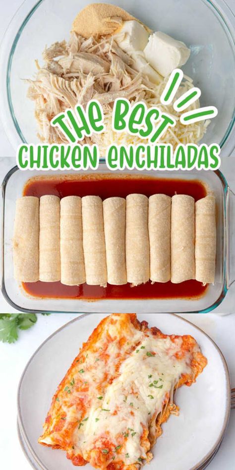 Indulge in our delicious Cheesy Baked Chicken Enchiladas, the perfect dinner option for any day of the week. This recipe features a delightful combination of juicy chicken, creamy cheese, and tangy red sauce, creating a satisfying and wholesome meal. Ideal for families with picky eaters, it's also a great way to use up any leftover rotisserie chicken. Keep up with us for more delightful dinner recipes! Chicken And Cheese Enchiladas Easy, Chicken Queso Enchiladas, Simple Chicken Enchilada Recipe, Chicken Thigh Enchiladas, Enchalidas Recipe Easy, Easy Enchiladas Chicken, Chicken Enchiladas Easy Red Sauce, Baked Chicken Enchiladas, Red Chicken Enchiladas