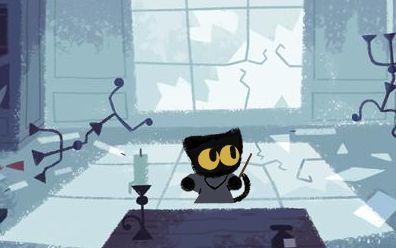 New Google Doodle Celebrates Halloween 2016 Google Doodle Halloween Cat, Google Doodle Halloween, Google Cat, Magic Cat Academy, Google Halloween, Momo The Cat, Doodles Games, Cat Games, Dinosaur Games