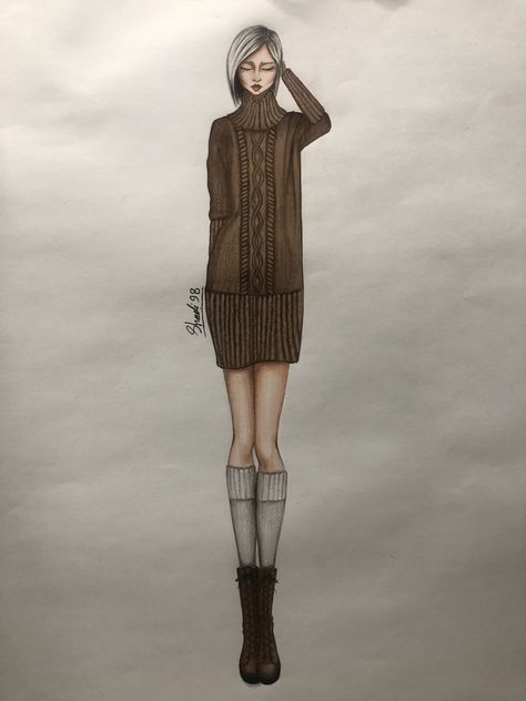 Knitwear Illustration Fashion Sketches, Knit Sketch, Knitwear Illustration, Knit Illustration, Knitwear Fashion Design, Knitting Fashion Design, Knitted Dress Outfit, Knitted Winter Dress, Croquis Fashion