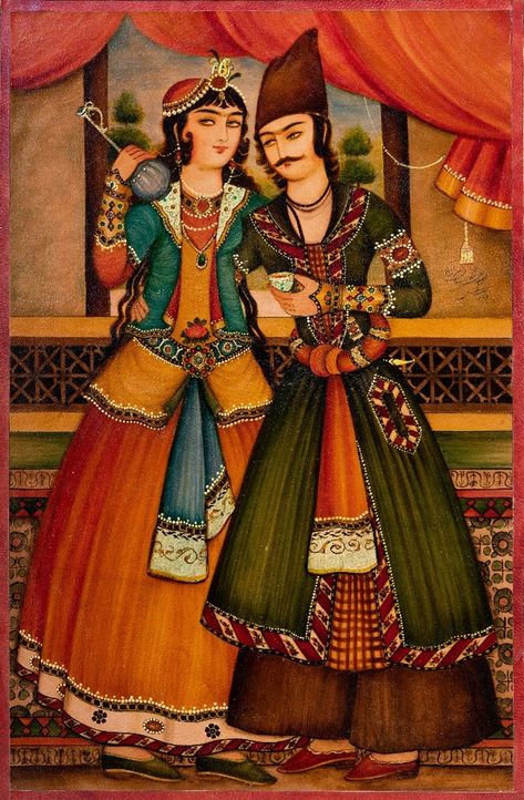 Ghajar Woman, Afghan Women Art, Persian Woman Painting, Persian Illustration, Mughal Paintings Woman Indian Art, Couple Drinking, Persian Miniature Painting, Qajar Dynasty, Ancient Persian Art