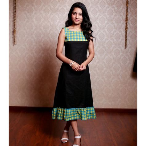 Black Green Checks Ruffles Dress Aline Frock, Ikkat Dresses, Cotton Kurtis, Ruffles Dress, Casual Frocks, Simple Frocks, Frock Fashion, Ikat Dress, Frock Patterns