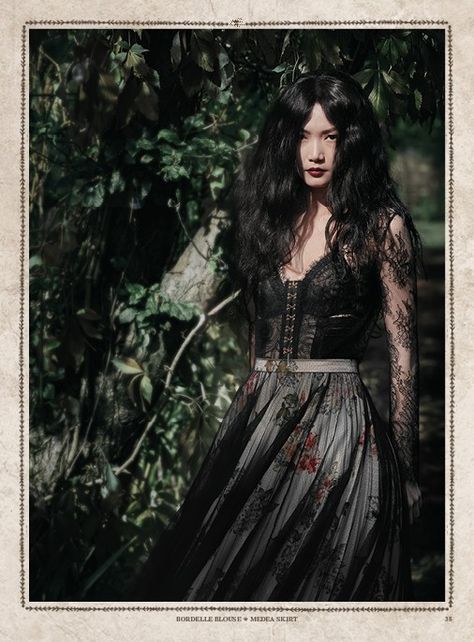 Lena Hoschek | Bordelle Blouse and Medea Skirt | Season of the Witch Collection Whimsigothic Black Dress, Asian Witch Art, Asian Witch Aesthetic, Witch Grunge Aesthetic, Dark Boho Fashion, Alternative Women, Witch Woman, Dark Beauty Fashion, Witch Style