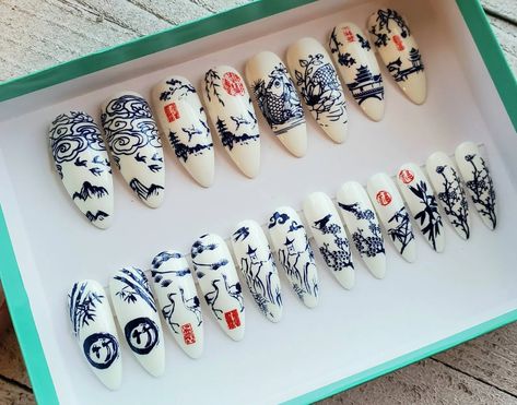 Porcelain Nails, Nails Chinese, China Nails, Squoval Nails, Anime Nails, Nails Press, Acrylic Press On Nails, Nails Fake, Cool Nail Designs