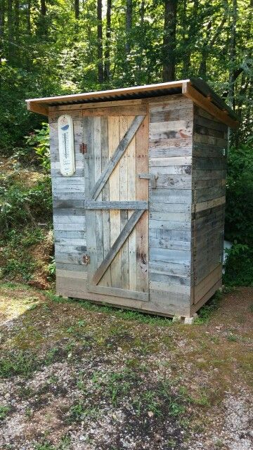 Hogfish Lodge outhouse (pump house) made of pallets. House Made Of Pallets, Backyard Ambiance, Well House, Ranch Ideas, Pump House, Life Ideas, Pallet Ideas, Outdoor Ideas, House Made