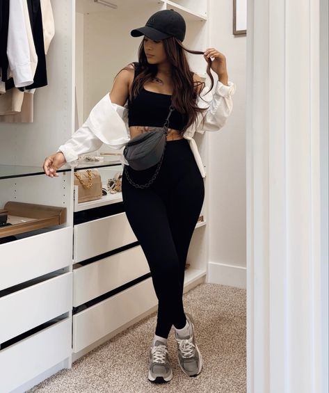 black comfy outfit with chunky sneakers & an oversized white shirt Run Errands Outfit Summer, Quick Errands Outfit, Outfit For Running Errands, Chunky Sneakers Outfit Summer, Airmax 270 Outfit, Summer Errands Outfit Casual, Grocery Run Outfit, Chunky Sneaker Outfit, Running Errands Outfit Spring