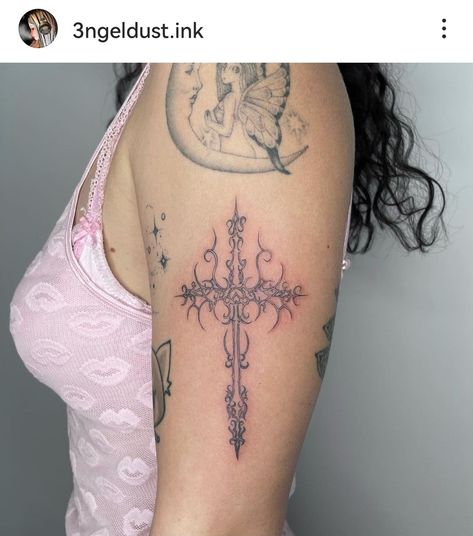 Whole Shoulder Tattoos For Women, Grunge Cross Tattoo, Catholic Tattoos Sleeve, Xxxtentaci̇on Tattoo, Genesis Tattoo, Pretty Cross Tattoo, Cross Tattoos For Women, Sharpie Tattoos, Pretty Tattoos For Women