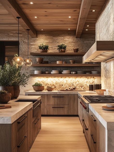 Stone Effect Tiles Kitchen, Stone And Wood House Interior, Earth Tone House Aesthetic, Luxury Earthy Interior, Earthy Tone Kitchen, Wood And Stone Kitchen, Earthy Kitchen Design, Earthy Modern Kitchen, Cozy Kitchen Island