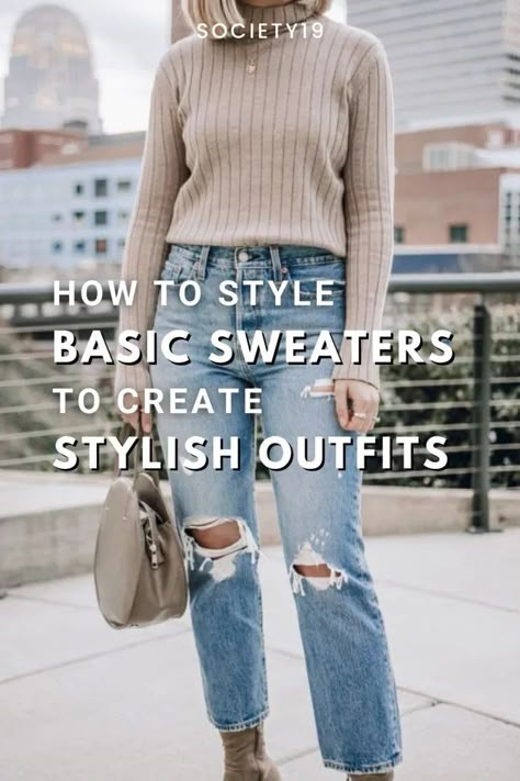 How To Style Basic Sweaters To Create Stylish Outfits How To Dress Up A Sweater And Jeans, Cropped Pullover Outfits, How To Style Crewneck, How To Style Sweaters, Cropped Jumper Outfit, Pullover Sweaters Outfits, Cropped Sweater Outfit, Crewneck Sweater Outfit, Crew Neck Sweater Outfit