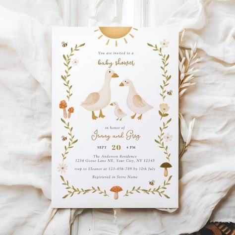 This baby shower invitation design features a cute goose family with their little one, and a whimsical watercolor frame design with greenery, garden flowers and mushrooms. Perfect for the trendy goose/duck theme, or backyard garden baby showers. Baby Shower Invitations Zazzle, Silly Goose On The Loose Baby Shower Theme, Goose Themed Baby Shower Ideas, Goose Baby Shower Ideas, May Baby Shower Themes, Silly Goose Baby Shower Theme, Unisex Baby Shower Themes, Creative Baby Shower Themes, April Baby Shower