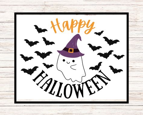 Halloween Printable Sign - Spooky Ghost, Bats, Witch Hat - Instant Download - Halloween Decor, Fall Printable Wall Art, Halloween Party Sign Hey Boo Chalkboard Art, Boo Signs For Halloween, Happy Halloween Sign Printables, Hey Boo Halloween Sign, Bat Quotes Halloween, Happy Halloween Sign, Happy Halloween Signs, Wall Art Halloween, Halloween Printable