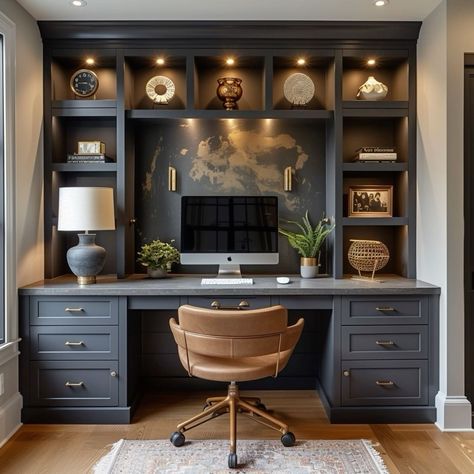 Craftsman Office Ideas, Built In Corner Desk Home Office, Desk With Built In Shelves, Dark Home Office Ideas, Kitchen With Desk Area, Modern Built In Desk, Office Built Ins With Desk, Cozy Home Office With Couch, Built In Desk And Shelves Office