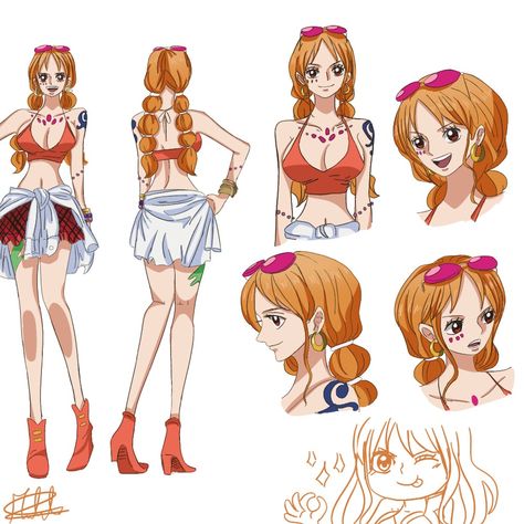 One Piece All Nami Outfits, All Nami Outfits, Nami Stampede Outfit, Nami Inspired Outfits, One Piece Anime Nami Outfits, Nami Hairstyles, One Piece Nami Costume, Nami Outfits Inspired, One Piece Hairstyles