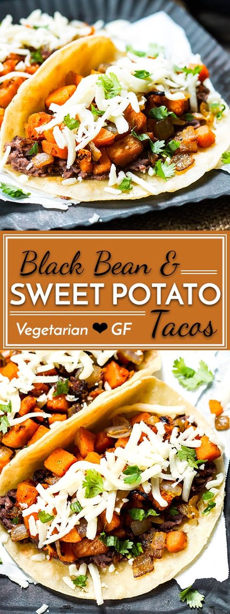 These Healthy Black Bean & Sweet Potato Tacos are gluten-free and vegetarian.  They make a wonderful breakfast, lunch or dinner taco recipe that is ready in under 30 minutes! via @londonbrazil Black Bean Sweet Potato Tacos, Sweet Potato Black Bean Tacos, Black Bean Sweet Potato, Healthy Corn, Sweet Potato Black Bean, Gluten Free Sweet Potato, Sweet Potato Tacos, Taco Dinner, Black Bean Tacos