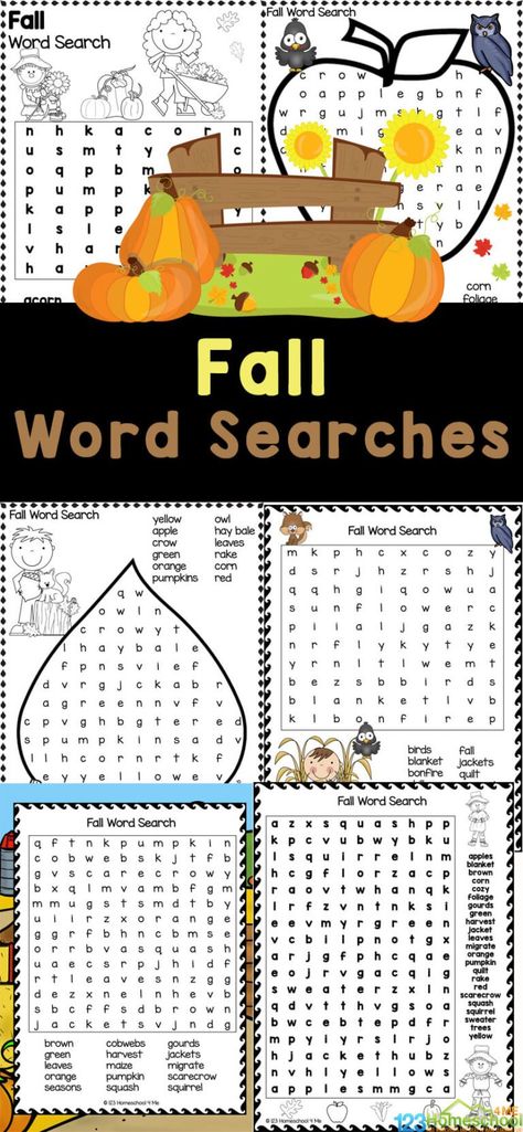 These Fall Word Searches are perfect for a fun fall activity indoors. These autumn word search pack includes various degrees of difficulty. Use thse fall word serach printable pages with children in preschool, pre-k, kindergarten, first grade, 2nd grade, 3rd grade, 4th grade, and 5th grade too. Simply print the free fall word search pdf file and start working on spelling and word recognition of fall theme items like leaves, harvests, pumpkins and more. Spider Math Activities, Autumn Word Search, Fall Word Search, Fall Worksheets, Free Fall Printables, November Activities, Pumpkin Activities, Fall Words, Fall Activity