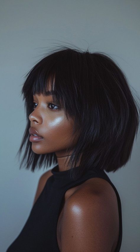 44 Bob with Bangs Hairstyles for Black Women: Modern and Stylish Options | LooksNiceOnMe Bangs Hairstyles For Black Women, Bob With Bangs Hairstyles, Edgy Bob, Dark Makeup Looks, Sleek Hair, Shaggy Bob, Layered Bobs, Modern Haircuts, Short Sassy Hair