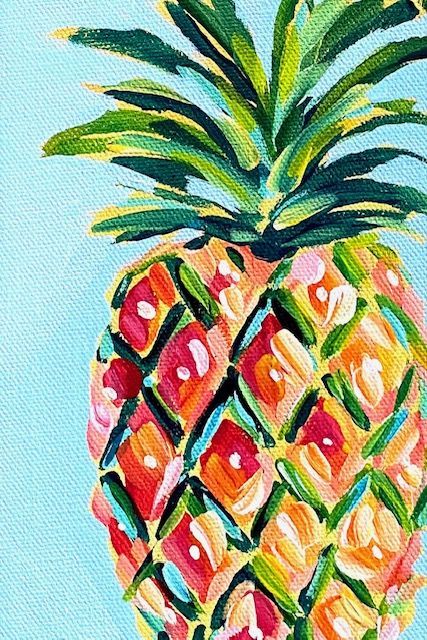 Easy Pineapple Painting Ideas On Canvas, Pineapple Canvas Painting Easy, Summer Paintings On Canvas Acrylics, Painting A Pineapple, Pineapple Painting Ideas, Creative Acrylic Painting Ideas, Easy Pineapple Painting, Summer Painting Tutorial, Easy Fruit Painting Ideas