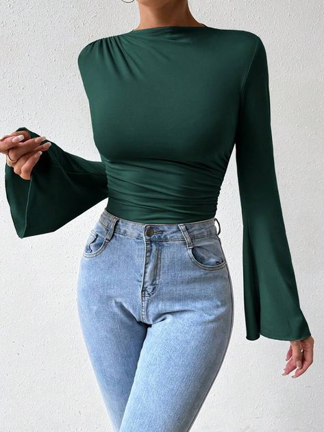 Body Verde, Bell Sleeve Bodysuit, Pleated Jumpsuit, Trumpet Sleeve, Extra Long Sleeves, Plain Tees, Womens Bodysuit, Flared Sleeves, Long Sleeve Knit