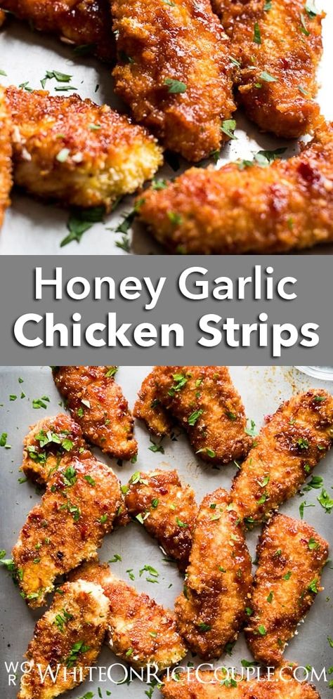 Sweet and sticky honey soy sauce chicken tenders recipe on @whiteonrice Sticky Chicken Tenders, Honey Soy Sauce Chicken, Sticky Honey Garlic Chicken, Honey Garlic Chicken Tenders, Sweet And Sticky Chicken, Garlic Chicken Tenders, Chicken Strips Recipe, Easy Honey Garlic Chicken, Baked Chicken Strips