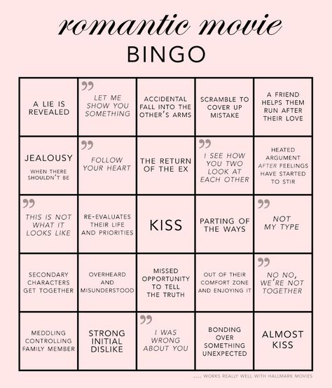 Romantic movie bingo! Part of the charm of romantic movies (especially Hallmark movies which is my new obsession for some reason) is that they are quite predictable. So here's a little bingo sheet that you're free to use and enjoy. How did tonight's movie do? Movie Bingo Template, Hallmark Movie Bingo, Couples Bingo, Fluff Ideas, Movie Journaling, Bingo Movie, Couple Journal, Movie Bingo, Adult Slumber Party