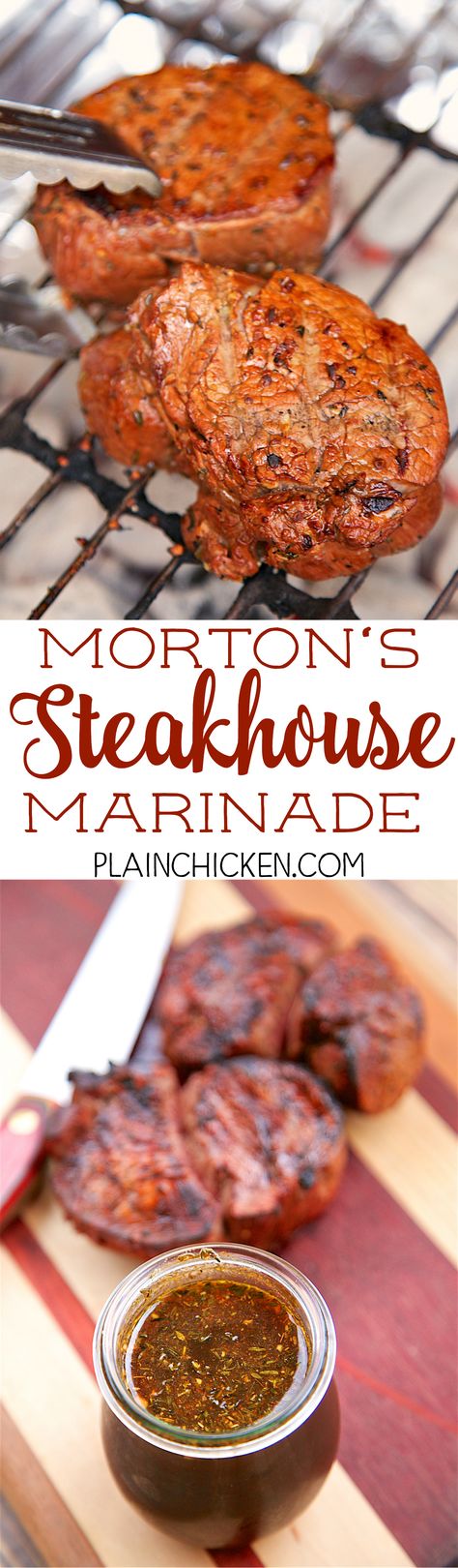 Morton's Steakhouse Marinade - recipe from the famous steakhouse. Garlic, thyme, cayenne pepper, soy sauce, Worcestershire sauce, oil, lime juice, salt and pepper. This makes THE BEST steaks EVER! I cleaned my plate, and I never do that! Seriously, the best steak I've ever eaten - better than any restaurant! Restaurant Steak Marinade, Steak Marinade Recipes, The Best Steak, Dry Rubs, Bbq Sauces, T Bone Steak, Plain Chicken, My Plate, Steak Marinade