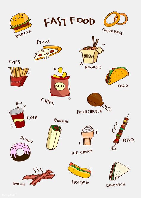 Fast Food Doodles, Fast Food Drawing, Food Vector, Food Doodles, Fast Food Menu, Food Clipart, Web Design Resources, Cute Food Drawings, Desenho Tattoo