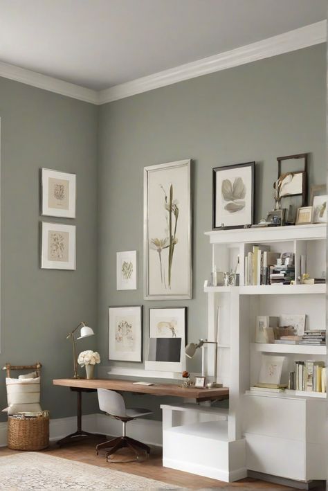 interior design,home decor,wall paint,home office Green Walls Study, Light Office Paint Colors, Green Home Office Walls, Green Walls Home Office, Small Office Paint Colors Business, Grey And Green Office Ideas, Farrow And Ball Office Colours, Small Office Paint Ideas, Sage Green Office Walls