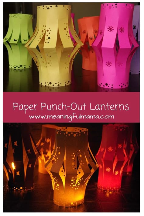 Paper Punch-Out Lanterns - What an easy and inexpensive way to decorate for a party. My kids love making them for their forts!! Deepak Drawing, Lantern Crafts, Camping Projects, Light Party, Folding Origami, Diwali Craft, Camp Crafts, Ramadan Crafts, Dekor Diy