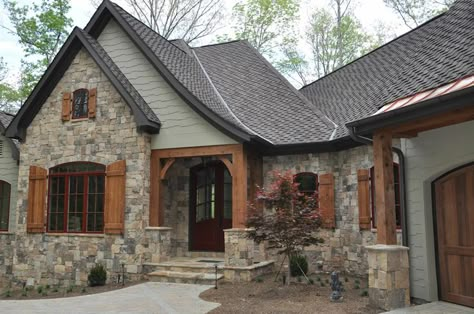 colorful exterior stone | green color with stone and wood for house exterior Cottage Exterior Colors, Exterior House Colors With Stone, Lake Houses Exterior, Cottage Exterior, Wooden Shutters, Exterior Paint Colors For House, Wood Shutters, Casa Exterior, Exterior Stone