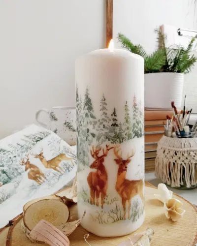 Candle Transfer, Scottish Winter, Decoupage Candles, Winter Candles, Landscape Christmas, Highland Cow Christmas, Woodland Winter, Candle Projects, Cow Christmas