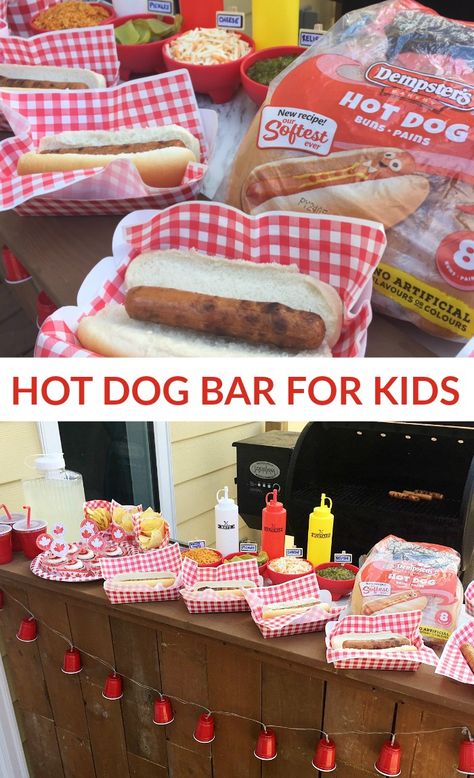 DIY HOT DOG BAR FOR KIDS -- With a BBQ hot dog bar, everyone can customize their hot dog and top it with the ingredients they love. #ad Hot Dog Fire Pit Party, Kids Bbq Ideas, Hot Dog Serving Ideas, Hot Dog Party, Bbq Birthday, Cookout Party, Baby Q Shower, Backyard Bbq Party, Hot Dog Bar