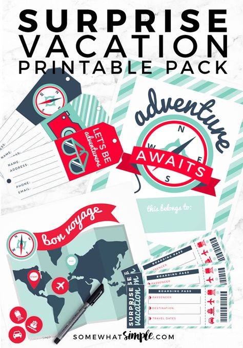 Surprise Vacation Reveal Printables (Gift Idea) | Somewhat Simple: Are you giving a surprise vacation to your spouse or children? Use these fun printables as a fun way to surprise your fun trip! #lifestyle #travel Surprise Trip To New York Reveal, How To Gift A Cruise For Christmas, Giving A Trip As A Gift Christmas, Vacation Announcement Ideas Surprise, New York Surprise Trip Reveal, Cruise Announcement Surprise, How To Surprise Kids With A Trip, Surprise Beach Trip Reveal, How To Surprise Someone With A Trip