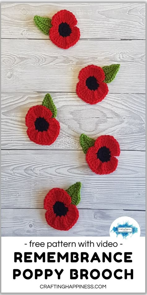 Crochet Poppy Brooch free pattern by Crafting Happiness. Make this quick & easy poppy brooch for Remembrance Day, video tutorial included Poppy Patterns Free, How To Crochet Poppy Flowers, Poppy Flower Crochet Pattern, Crochet Remembrance Poppy, Free Poppy Crochet Pattern, Remembrance Crafts Ideas, Remembrance Poppy Crochet Pattern Free, Easy Crochet Poppy Free Pattern, Knitted Poppy Pattern