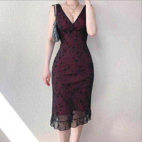 Dark Maroon Dress, Alt Dresses, Grunge Formal, Y2k Cocktail, Y2k Stuff, 90s Prom Dresses, Dr Wardrobe, Western Wear Outfits, Old Dresses